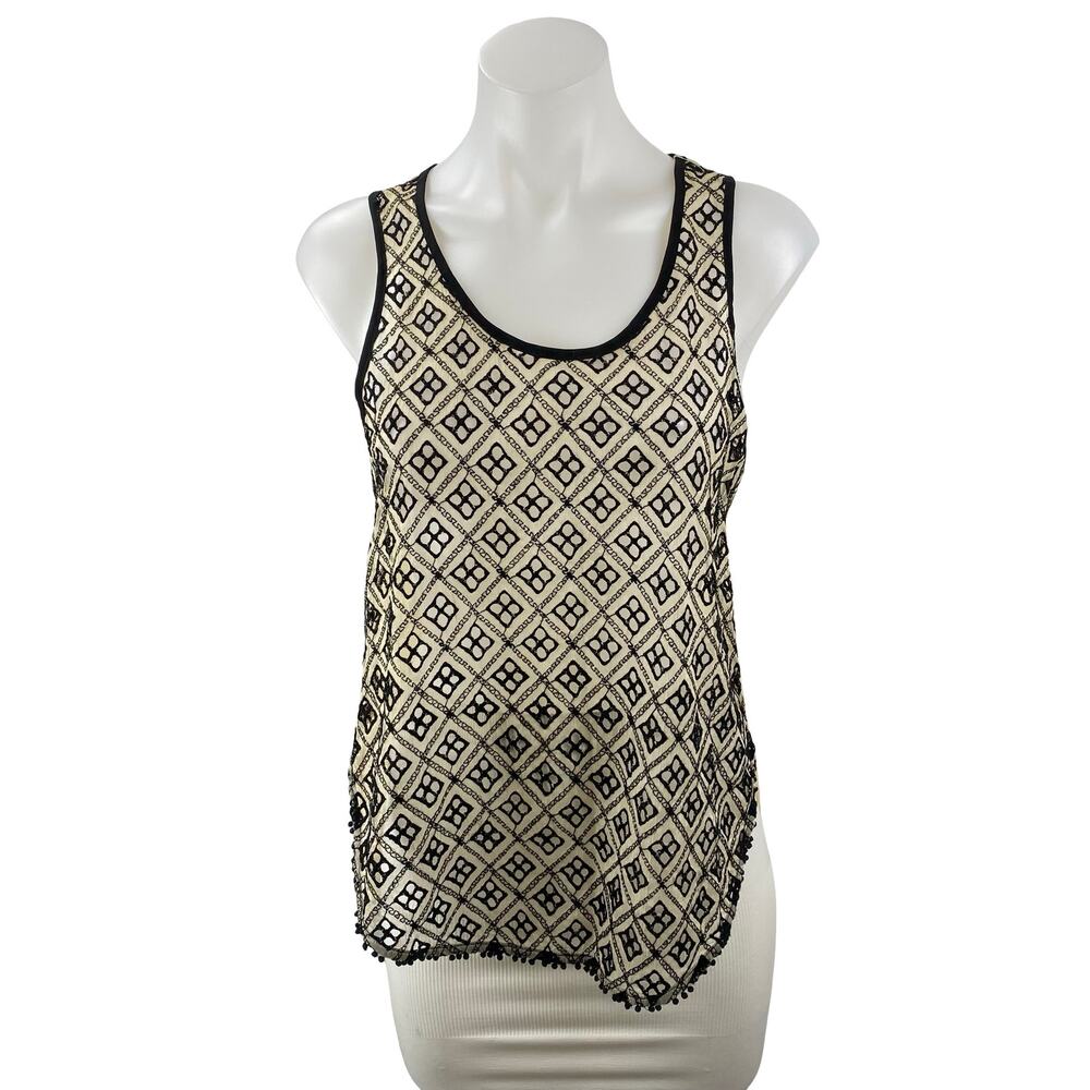 ASTR Cream Black Embroidered Argyle Sleeveless Scoop Cami Tank Blouse Top Size S